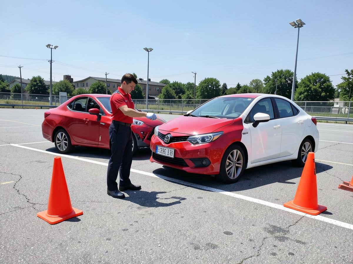 TakeOFF instructor guiding a student through parking practice on a training ground
