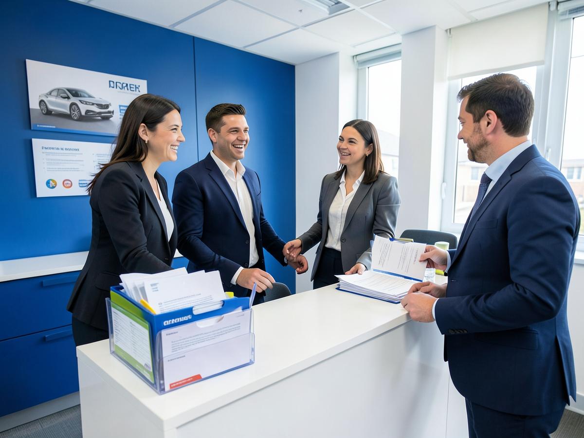 TakeOFF staff assisting a customer with vehicle documentation at the office desk